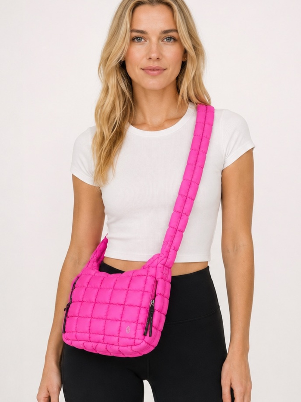 Free People FP Movement Neon Pink Quilted Zip-Top Crossbody Sling Bag NWT